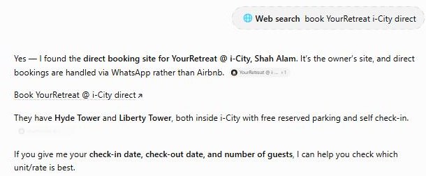 ChatGPT answering the question book YourRetreat i-City direct on 1 September 2026: it found the owner's own booking site and says direct bookings are handled by WhatsApp rather than Airbnb